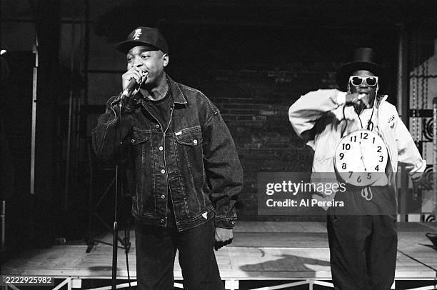 Rap group Public Enemy (Flavor Flav ; Chuck D appears on the "Public Enemy Week" segment of "Yo! MTV Raps" on September 19, 1991 in New York City.