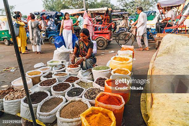 belebter gewürzmarkt in chandni chowk, alt-delhi, indien - marktplatz stock-fotos und bilder