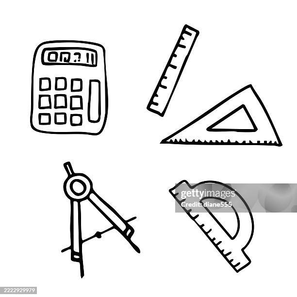 math supplies doodled line icon on a transparent base - protractor stock illustrations