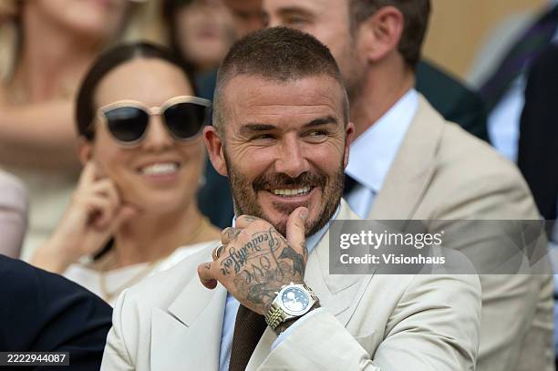 Sir David Beckham watches on during the Gentlemen's Singles first round match between Fabio Fognini of Italy and Carlos Alcaraz of Spain on day one...