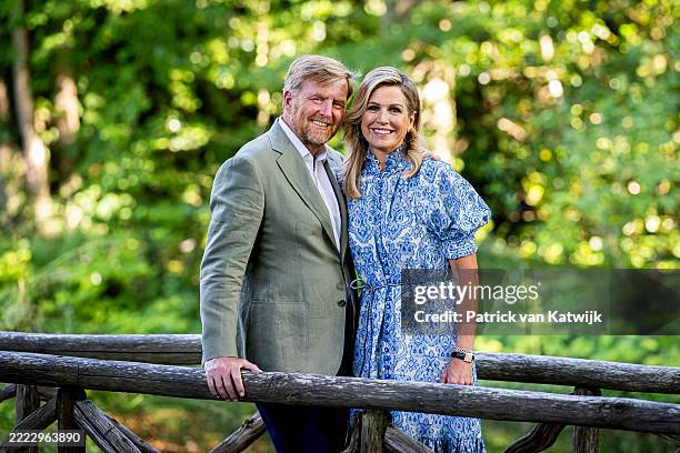 King Willem-Alexander of The Netherlands and Queen Maxima of The Netherlands pose for the media at Huis ten Bosch Palace on June 30, 2025 in The...