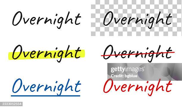overnight - handwritten text, highlighted, crossed out, underlined on blank background - overnight stock illustrations