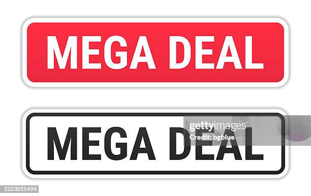 mega deal - red and black labels on white background - mega box stock illustrations