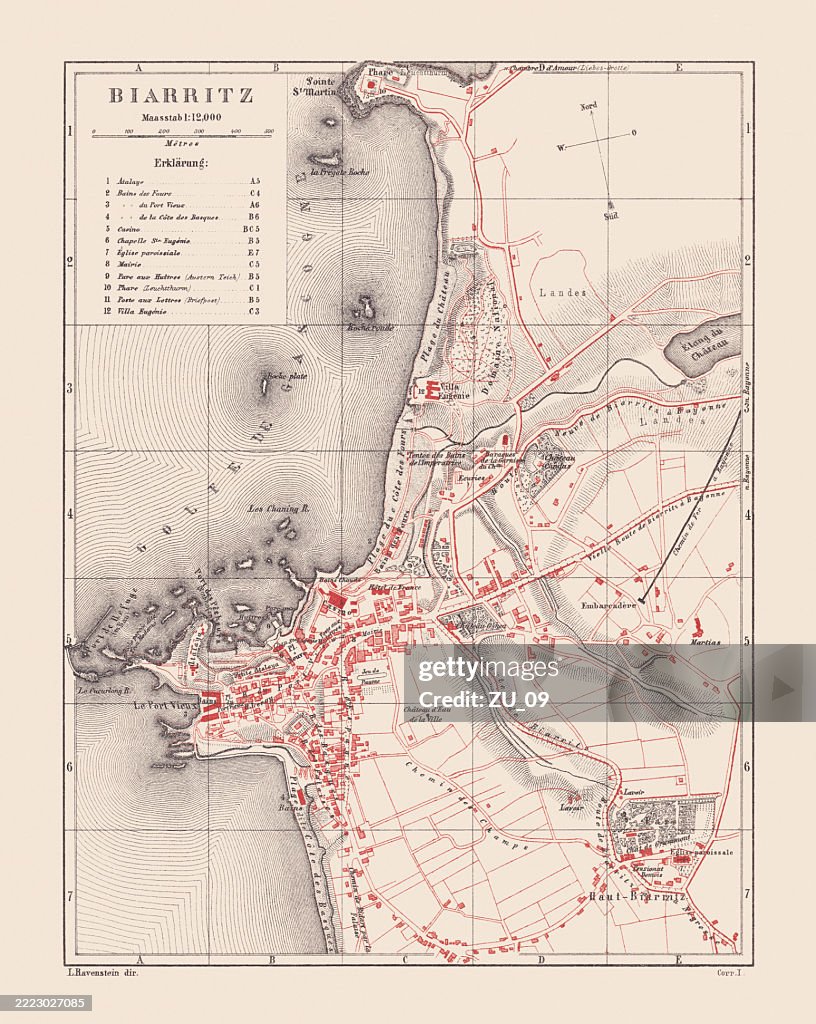 Historical city map of Biarritz, France, lithograph, published in 1880