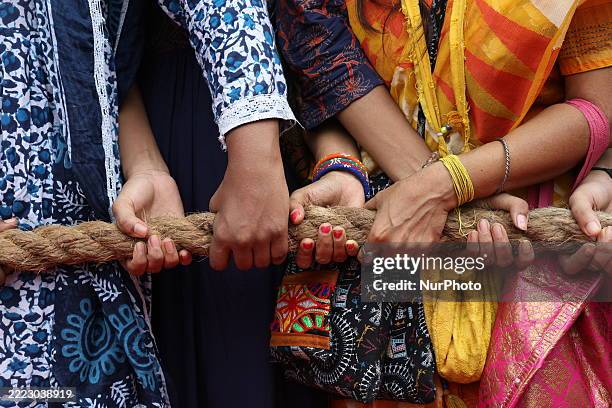 Hindu devotees pull the ''Rath'' or the chariot of Lord Jagannath on the last day of the week-long celebration of Rath Yatra, or chariot procession,...