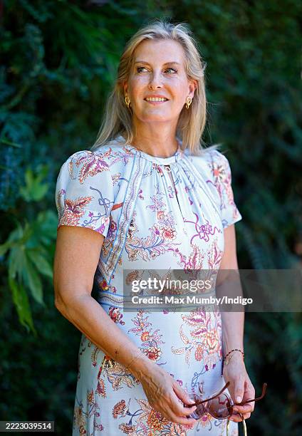 Sophie, Duchess of Edinburgh views a 'living wall' garden display as she visits the RHS Hampton Court Garden Festival at Hampton Court Palace on June...