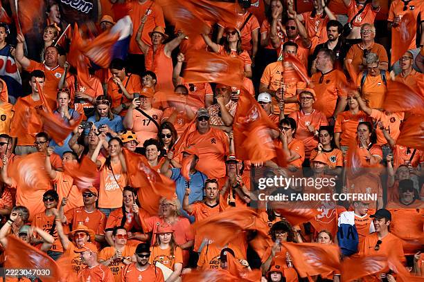 Dutch fans celebrate at the end of the UEFA Women's Euro 2025 Group D football match between Wales and The Netherlands at the Allmend Stadion Luzern...