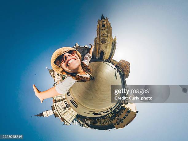 happy traveler enjoying a famous place. little planet format. - fish eye lens stock pictures, royalty-free photos & images