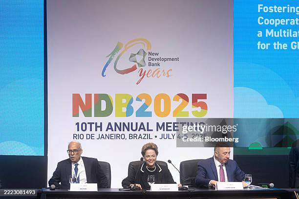 Dilma Roussef, president of the New Development Bank, center, speaks during the New Development Bank's annual meeting, ahead of the BRICS Summit in...