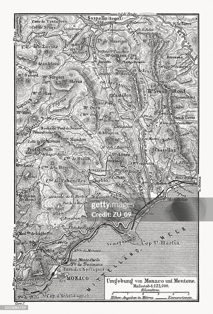 Area around Monaco and Mentone, France, wood engraving, published 1880