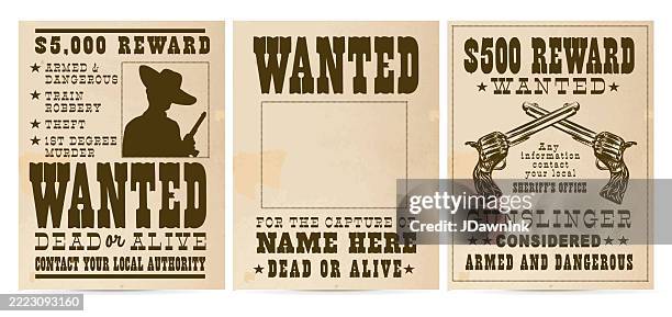 bildbanksillustrationer, clip art samt tecknat material och ikoner med set of wild west cowboy wanted posters with different layouts on vintage paper textures - efterlyst-affisch