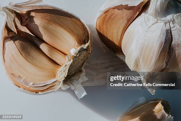 close-up of a segmented bulb of garlic - clove image stock pictures, royalty-free photos & images