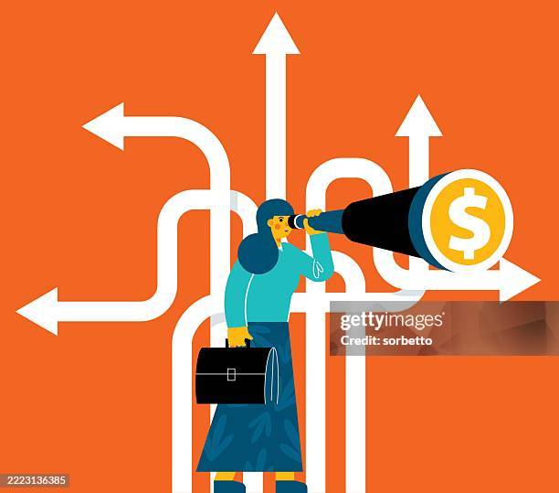 illustrazioni stock, clip art, cartoni animati e icone di tendenza di trovare la strada giusta - imprenditrice - incrocio stradale
