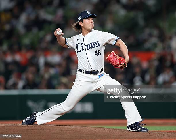 Tatsuya Imai of Saitama Seibu Lions throws against Orix Buffaloes at Belluna Dome on April 25, 2025 in Tokorozawa, Saitama, Japan.