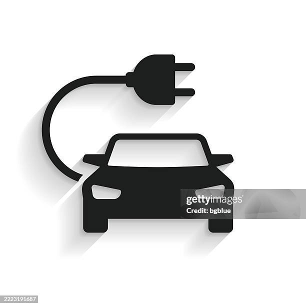 electric car with plug. icon with long shadow on white background - electrical wire white background stock illustrations