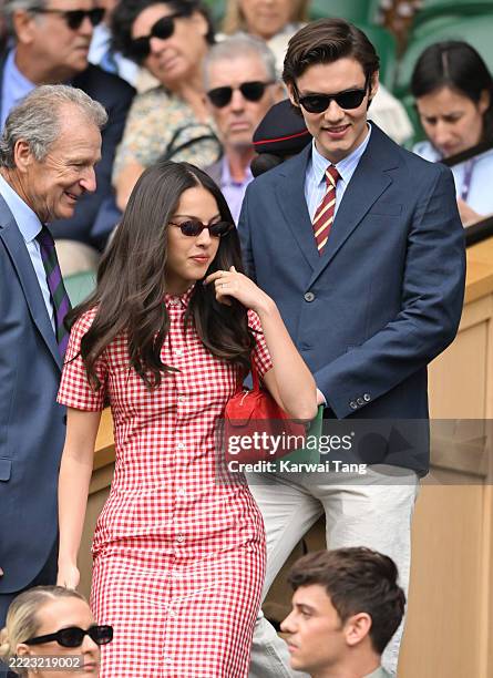 Olivia Rodrigo and Louis Partridge attend day three of the Wimbledon Tennis Championships at the All England Lawn Tennis and Croquet Club on July 02,...