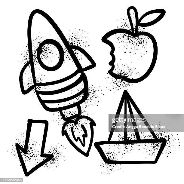 rocket, bitten apple, arrow and paper boat black and white graffiti airbrush spraypaint icon set - apple arrow stock illustrations