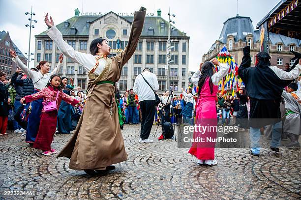 The Tibetan Community in the Netherlands celebrates the Dalai Lama's 90th birthday in the center of Amsterdam, Netherlands, on July 6, 2025.