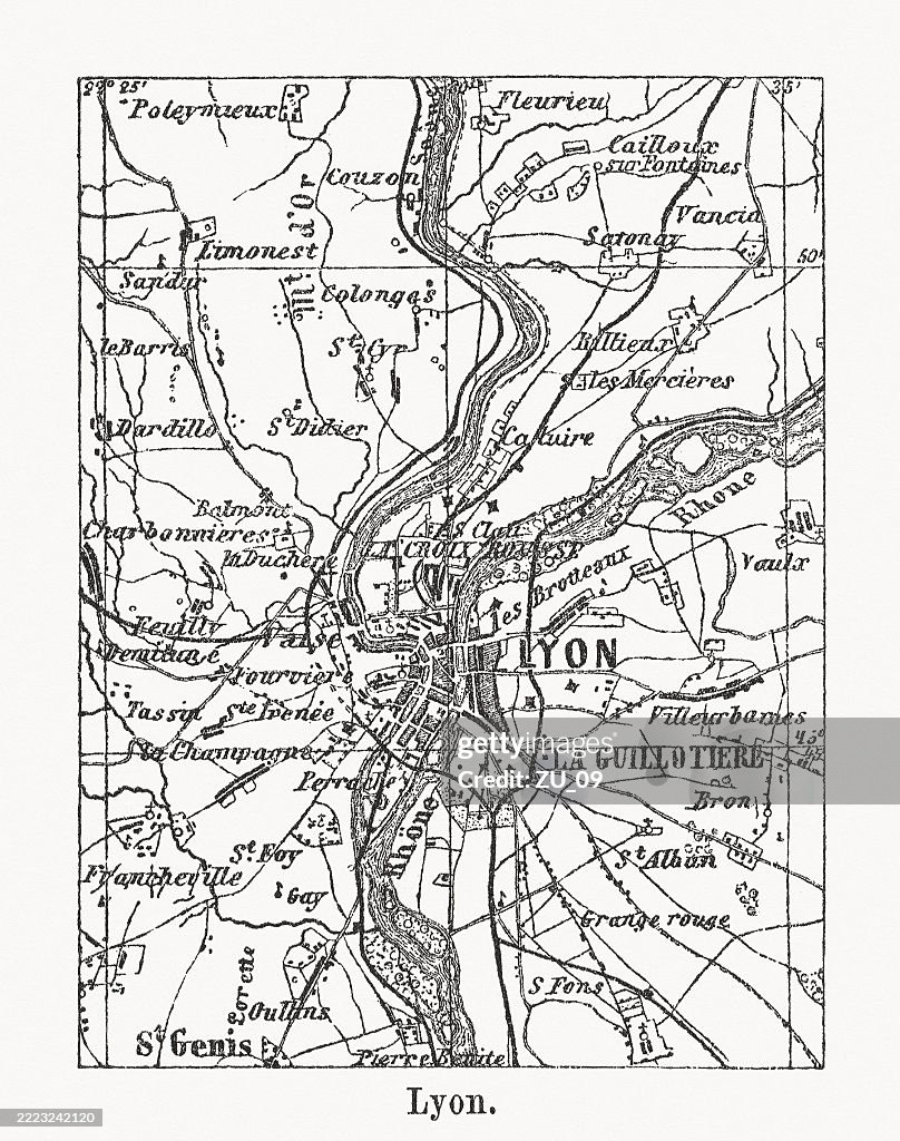 Map of the surroundings of Lyon, France., woodcut, published 1880