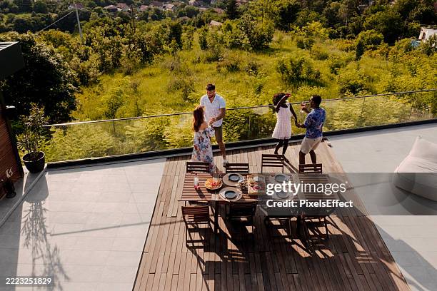 vielfältige freunde, die ihre freizeit genießen - gartenfest stock-fotos und bilder