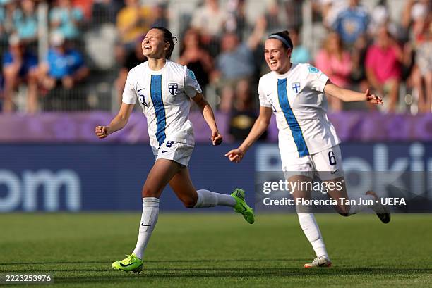 Katariina Kosola of Finland celebrates scoring her team's first goal during the UEFA Women's EURO 2025 Group A match between Iceland and Finland at...