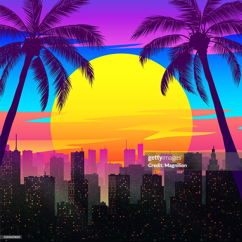 Retro City Skyline with Palm Trees and a Glowing Sunset in Vaporwave Color Palette, Featuring Silhouetted Skyscrapers and a Vibrant Tropical Atmosphere.