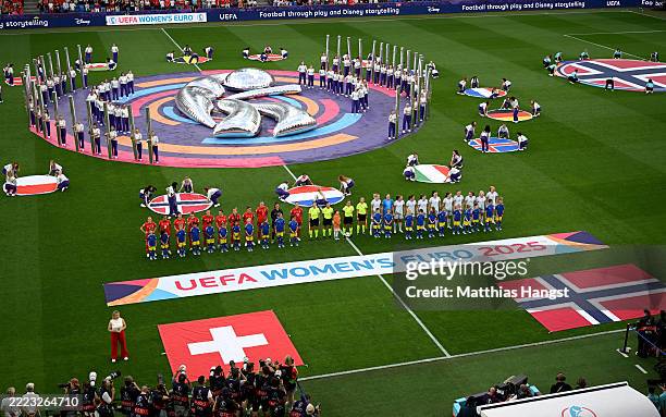 General view inside the stadium during the opening ceremony as the players of Switzerland and Norway line up prior to kick-off ahead ofthe UEFA...