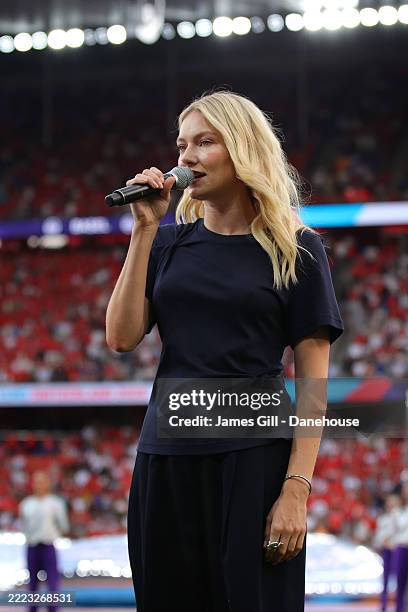 Norwegian singer Astrid S, performs the Norwegian national anthem prior to the start of the UEFA Women's EURO 2025 Group A match between Switzerland...