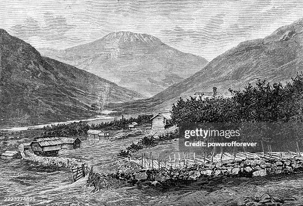farms in vestfjorddalen valley by gaustatoppen mountain in telemark, norway - 19th century - vestfold og telemark county stock illustrations