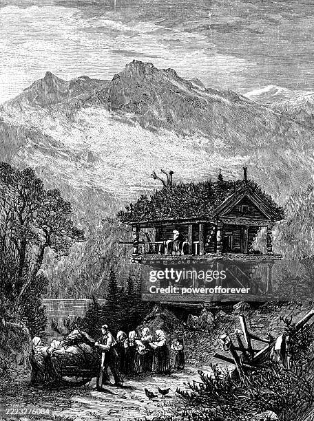 traditional vernacular loft house at the village of flatdal in telemark, norway - 19th century - vestfold og telemark county stock illustrations