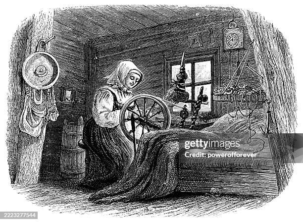 ilustraciones, imágenes clip art, dibujos animados e iconos de stock de mujer hilando lana en noruega - siglo 19 - lana