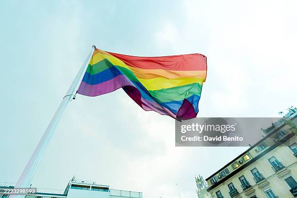 The rainbow flag at the MADO Pride opening speech 2025 at the Plaza de Pedro Zerolo on July 02, 2025 in Madrid, Spain.