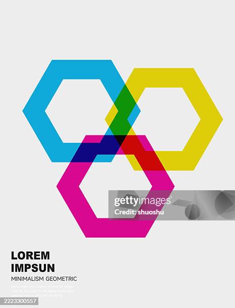 hexagon geometric pattern with three primary colors - three objects stock illustrations