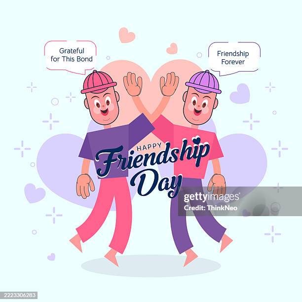 young boy celebrate friendship, two friends posing with joy. - meet new friends stock illustrations