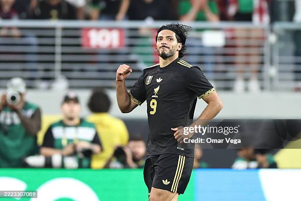 Raul Jimenez of Mexico celebrates after scoring the team's first goal during the Gold Cup Semi Finals match between Mexico and Honduras at Levi's...