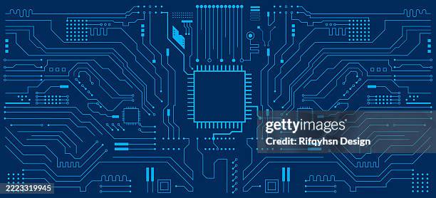 bildbanksillustrationer, clip art samt tecknat material och ikoner med abstract circuit board technology connected blue lines with electronics elements computer motherboard chip processor semiconductor digital background. hi-tech digital technology concept - kretskort