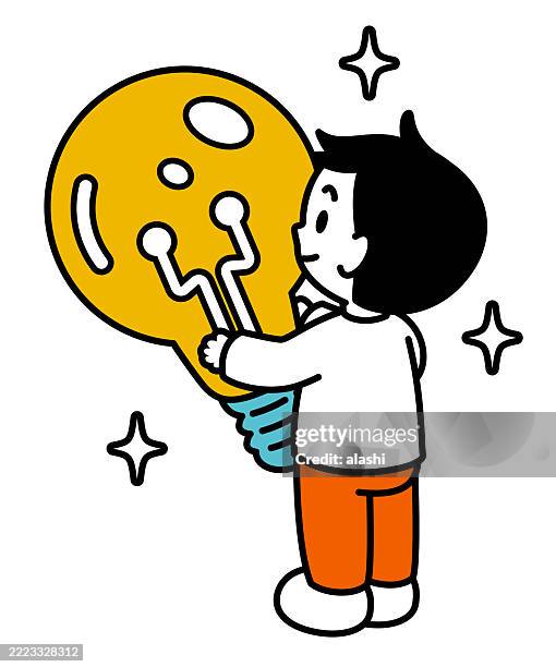 a cute boy holding a big idea light bulb. three-quarter rear view, black outline, flat colors, minimalist style - inventor stock illustrations