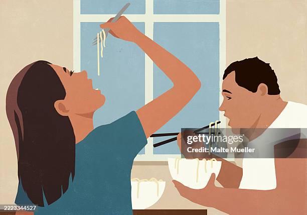 couple eating pho noodles from bowls with fork and chopsticks at home - eating pho stock illustrations