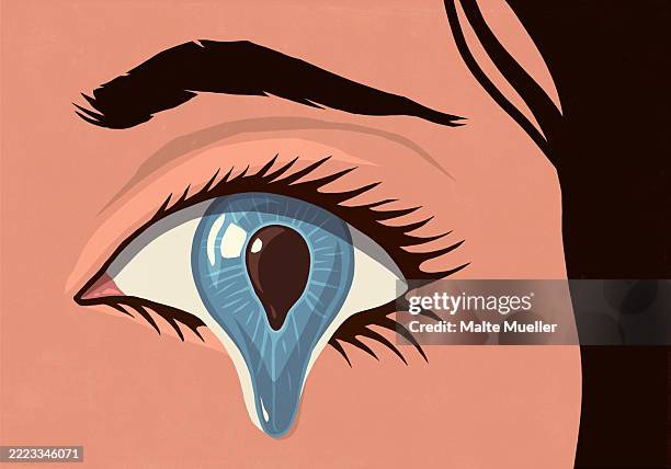 extreme close up of crying woman's eye forming blue teardrop - blue eyes stock illustrations