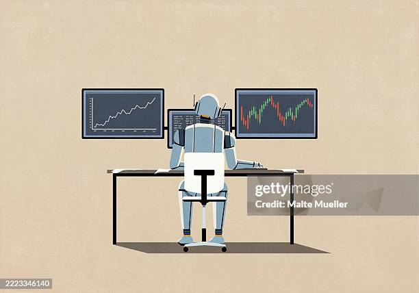 humanoid robot working at computer monitors with financial data - screen replacement stock illustrations