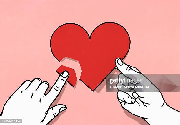 stockillustraties, clipart, cartoons en iconen met view from above of hands mending broken heart on pink background - romantiek begrippen