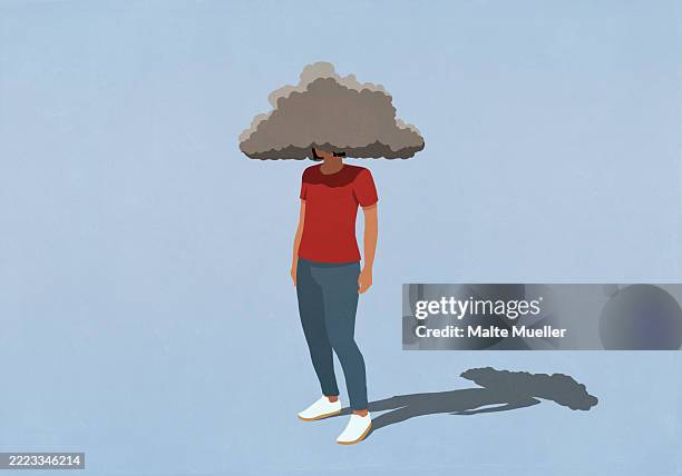gray storm cloud covering head of depressed woman against blue background - krise stock-grafiken, -clipart, -cartoons und -symbole