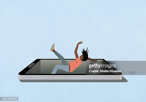 surprised woman falling backward into smart phone screen against blue background - drowning girl stock illustrations