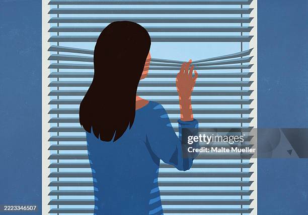 stockillustraties, clipart, cartoons en iconen met suspicious woman standing at window, peering through blinds - eenzaamheid