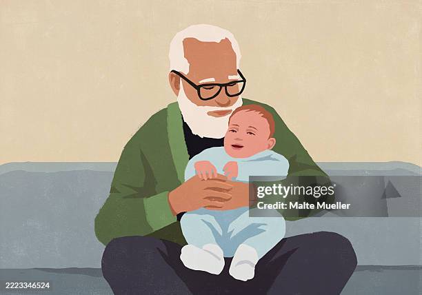 stockillustraties, clipart, cartoons en iconen met affectionate grandfather holding baby grandson on sofa - familie met meerdere generaties