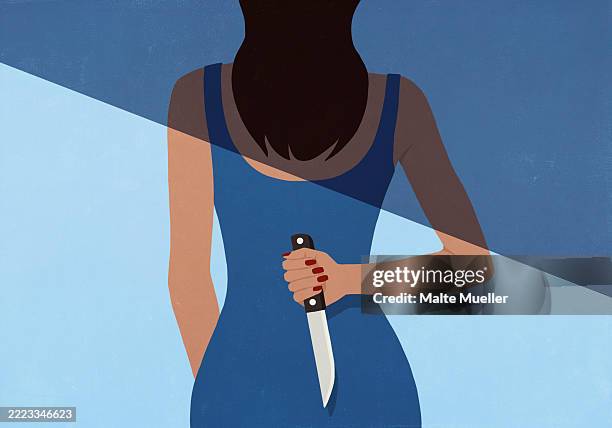 shadow over rear view of woman in blue dress holding knife - küchenmesser stock-grafiken, -clipart, -cartoons und -symbole