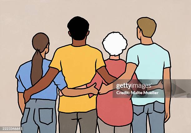 rear view of multiracial men and women standing side by side with arms around each other - next to stock illustrations