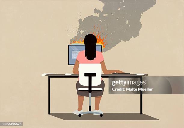 woman sitting at desk working at computer on fire - computer desk stock illustrations