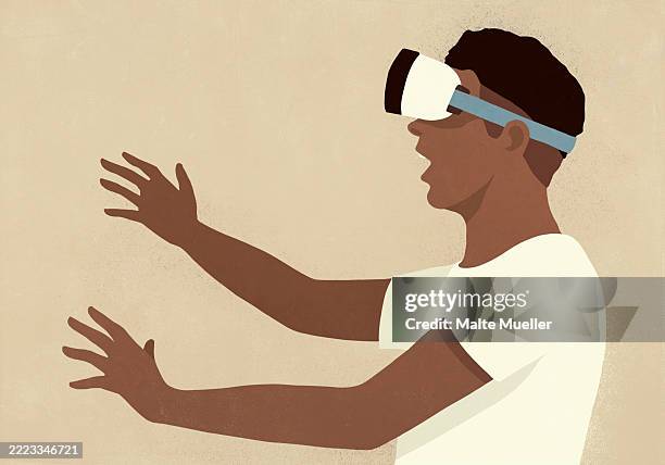 man using vr goggles with arms outstretched against beige background - computer no face stock illustrations
