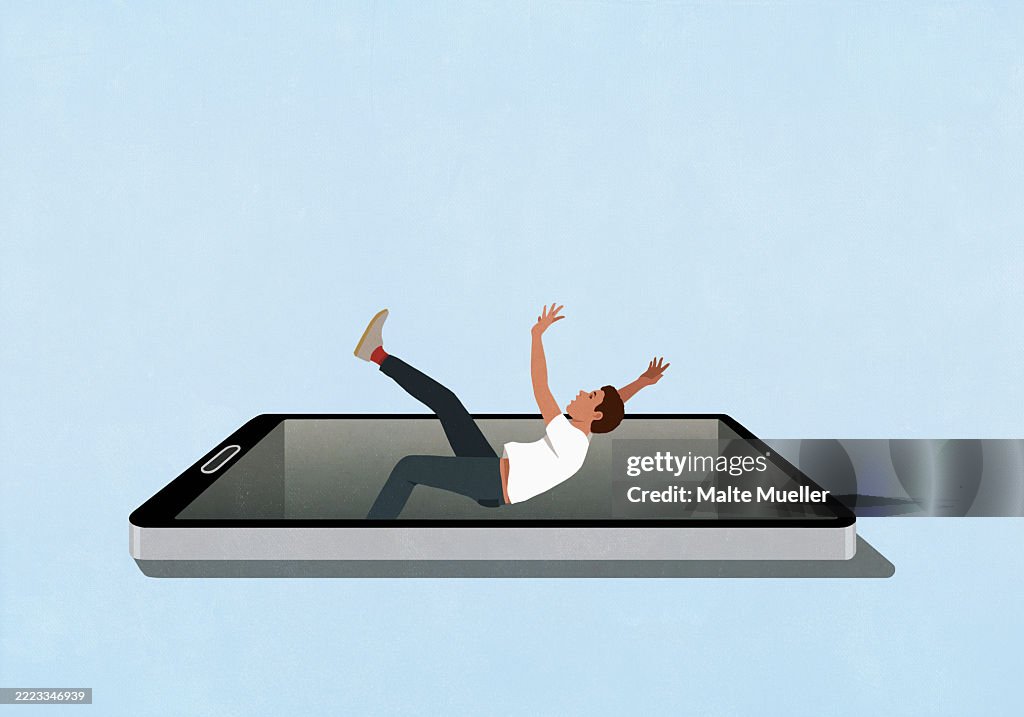 Fall While Using Phone Surprised Man Falling Backward Into Smart Phone Screen Against Blue ...